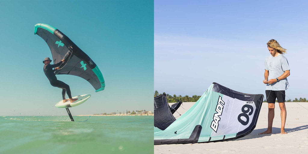 Split-Bild. links: Abbildung vom Wingfoiler im Wasser, rechts: vom Kitesurfer am Strand beim Aufbau des Kites